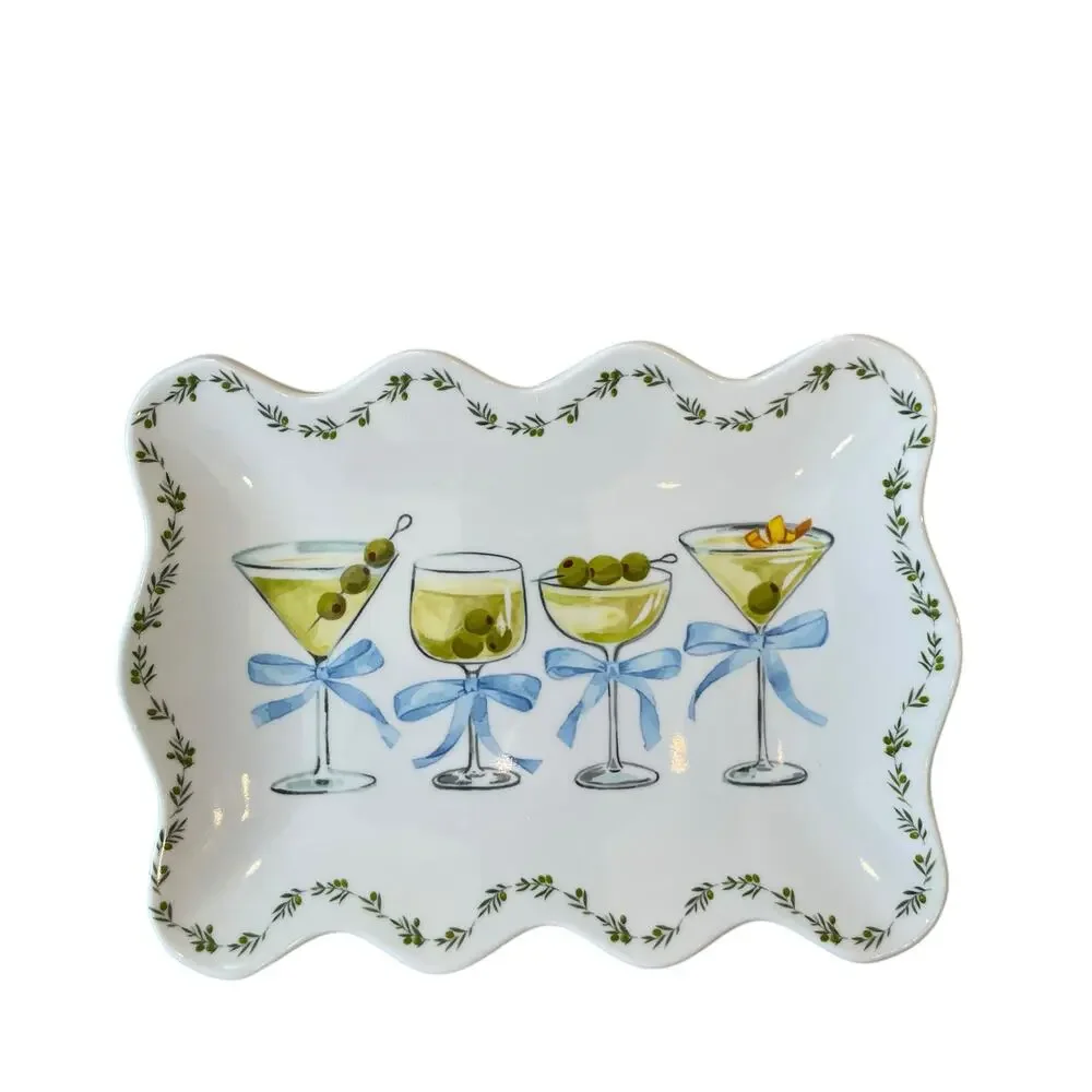 Rachel Zoe Cocktails & Bows Melamine Appetizer Plates 9x6 Set of 4 Scalloped NEW